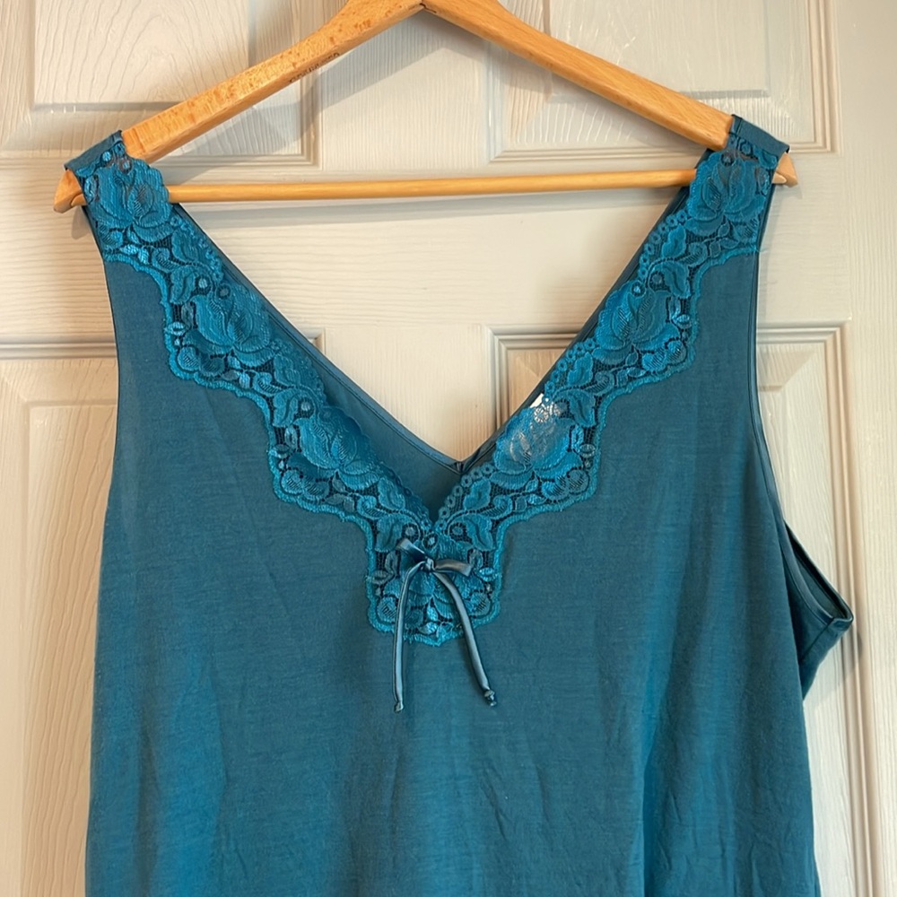 Cinema Etoile Women's XL vintage Y2K Teal Lace VNeck Lingerie Slip Nightgown - Picture 2 of 5